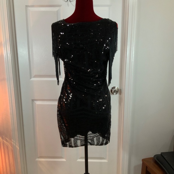 Capuffy Sequin Black Fringe Party Bodycon Mini Dress Size Large - Picture 6 of 10